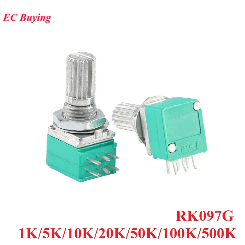 5pcs Double Potentiometer 6PIN RK097G B1K B5K B10K B20K B50K B100K B500K 1K 5K 10K 20K 50K 100K Ohm Handle 15mm Audio Amplifier