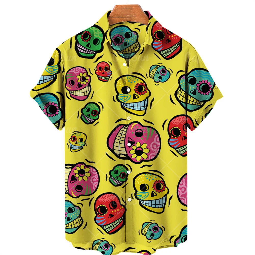 Skull Print Hawaiian Shirt Men Summer Short Sleeve Loose Beach Breathable Hip Hop Harajuku Top Oversize 5XL 6