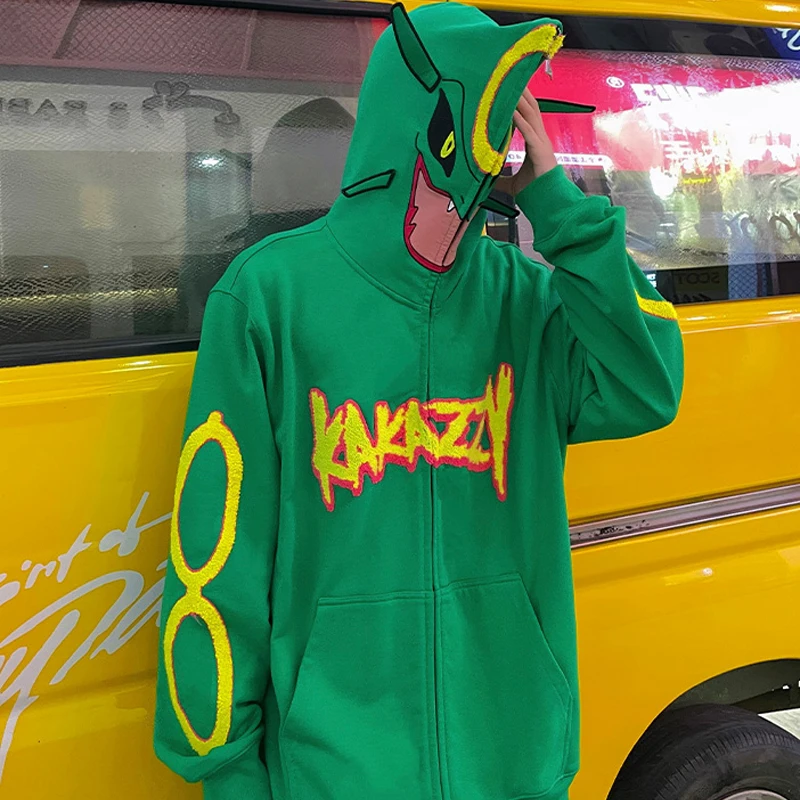 

Anime Cosplay Pokemon Rayquaza Sweater Jacket Men's New Spring and Autumn American Style Loose Print Casual Top Zipper Cardigan