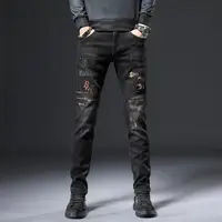 High Quality Designer Stylish Men's Slim Fit Casual Jeans with Embroidery Cowboy Print Spring Autumn Streetwear Cotton Trousers 1