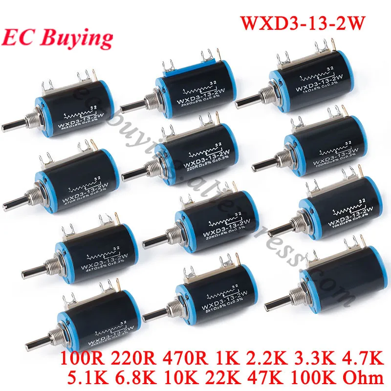 Multiturn Potentiometer 1-2Pcs WXD3-13-2W 10K 100/220/470/680 Ohm Wirewound Multi-Turn Potentiometer Resistance 1K 2.2K 4.7K 5.6K 6.8K 47K Rotary Switch multiturn potentiometer rotary potentiometer