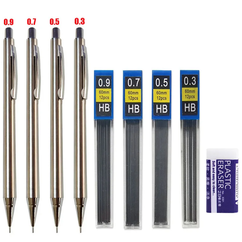

(5-piece Set) Metal Mechanical Pencil Set Lead Filled Drawing Automatic Pencil 0.3, 0.5, 0.7, 0.9mm 2B HB Art Supplies