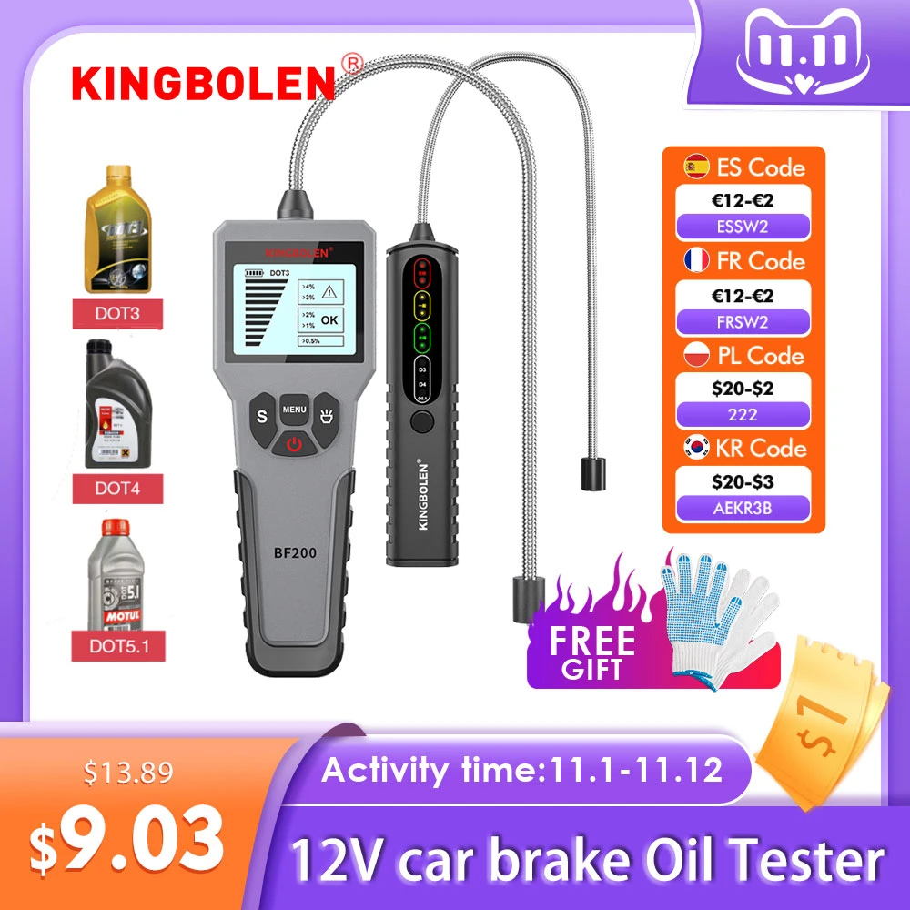 12v Auto Brake Fluid Tester Digital Car Brake Oil Tool Bf100/bf200 Dot3 Dot4 Dot5.1 Led