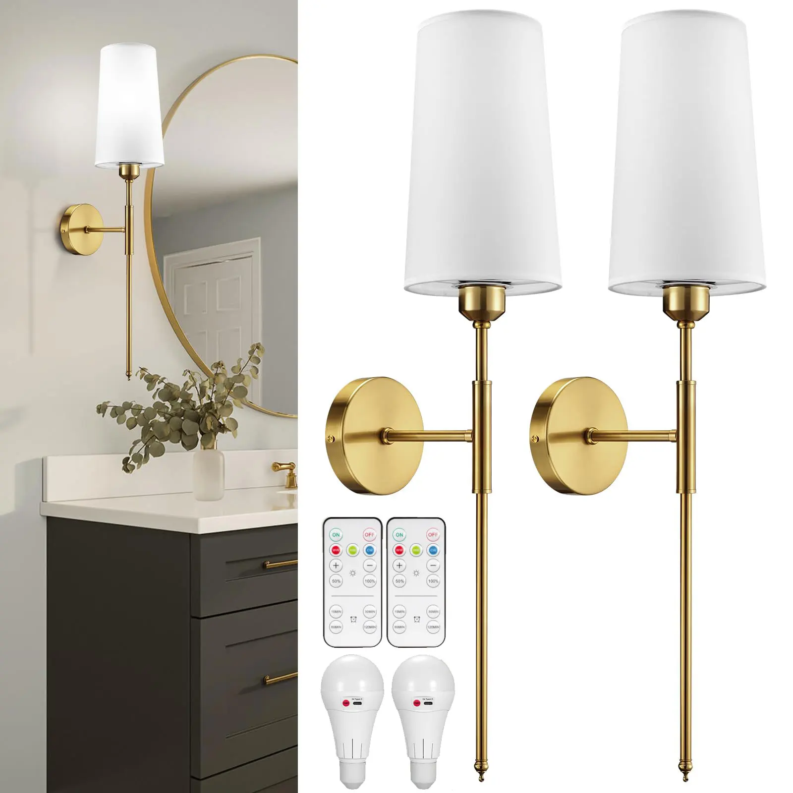 LED Wall Lamp NookNova 2Pack Gold Battery Operated Wall Sconces With Bulbs Wireless Rechargeable Powered Wall Lamp with Remote