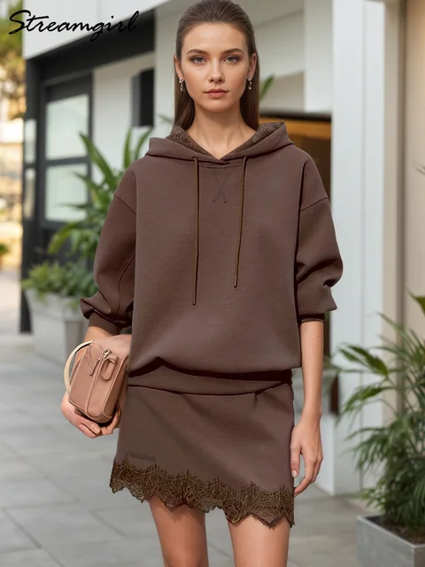 Streamgirl Brown Hoodies With Lace Women Oversize Plain Spring Elegant Butter Yellow Hooded Sweatshirts For Women Oversized 2