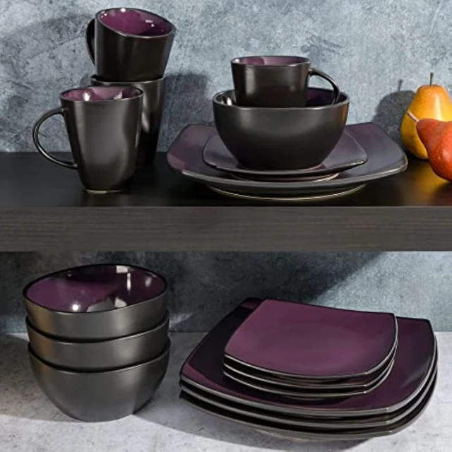 Gibson Soho Lounge White Square 16-Piece Stoneware Dinnerware Set Black