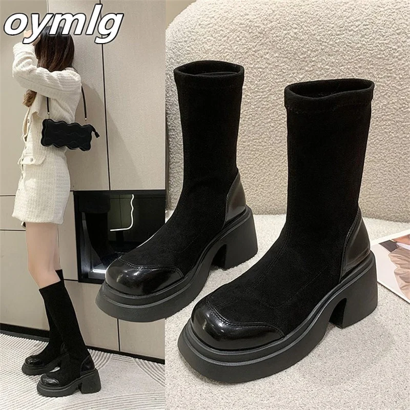 Spot Short Boots Women's 2023 Autumn/Winter New Slim Elastic Boots Breathable Versatile Slim Boots Thick Heel Long Boots Women