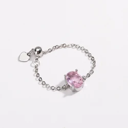 Adjustable Bling Delicate Oval Ring with Micro Pave Cubic Zirconia - Resizable (Silver pink)