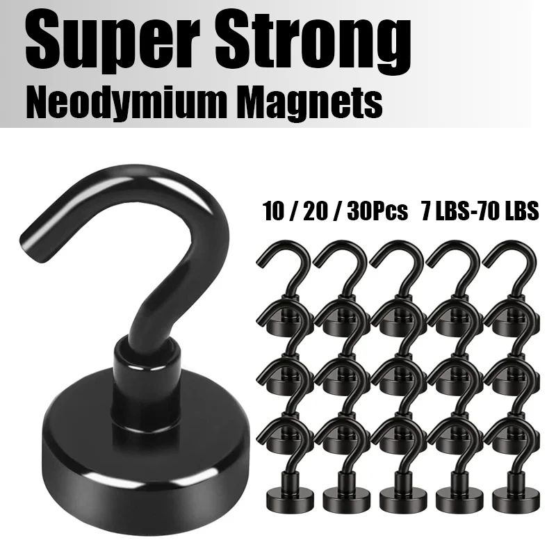 10/20/30Pcs Strong Hook 70lbs Max Heavy Duty 3Coating Neodymium Hooks for