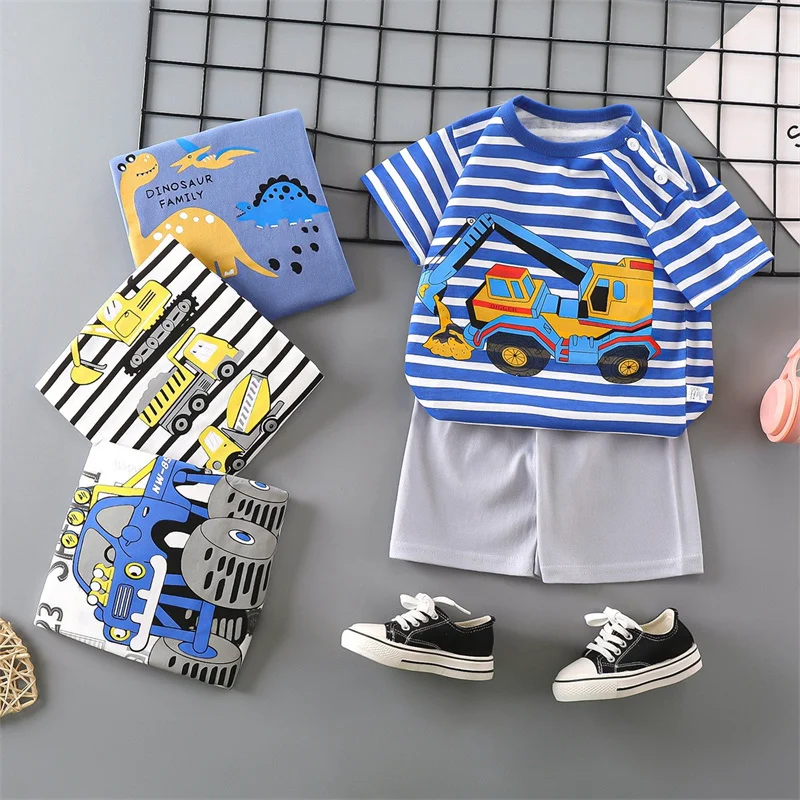 Cotton Stripe Short Sleeve T-Shirt+Shorts 2-Piece Set Summer