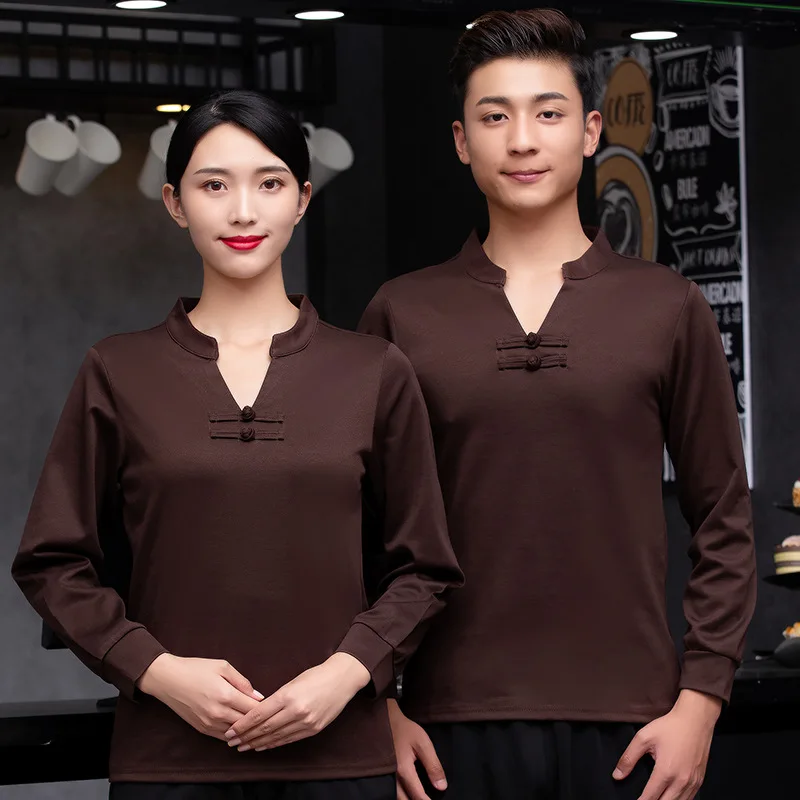 

Hotel Restaurant Waiter Workwear Long Sleeve Men's and Women's Suits Autumn and Winter Clothing Chinese Button Knots Farmhouse C