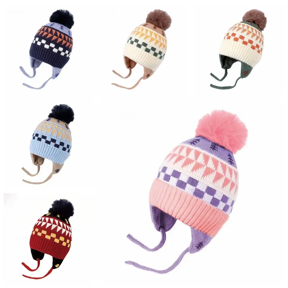 Fashion Jacquard Baby Knitted Hat Hairball Warm Children Beanies Cap Thicken Ear Protection Earmuffs Cap Girls