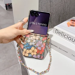 Elegant Gold Stamped Floral Phone Case with Chain Lanyard - Luxury Design Premium Cover - Galaxy Z Flip5 (A)