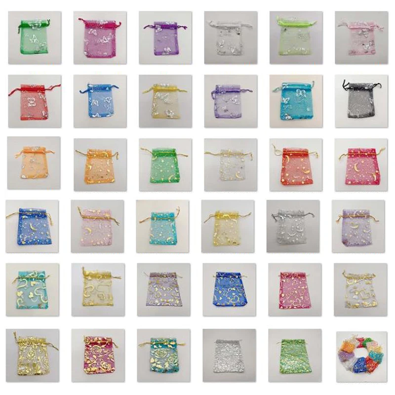 

50pcs 7x9 9x12 Organza Gift Bags Butterfly Heart Rose Moon Star Sachet Bag Wedding Packaging Jewelry Storage Bags Drawstring Bag