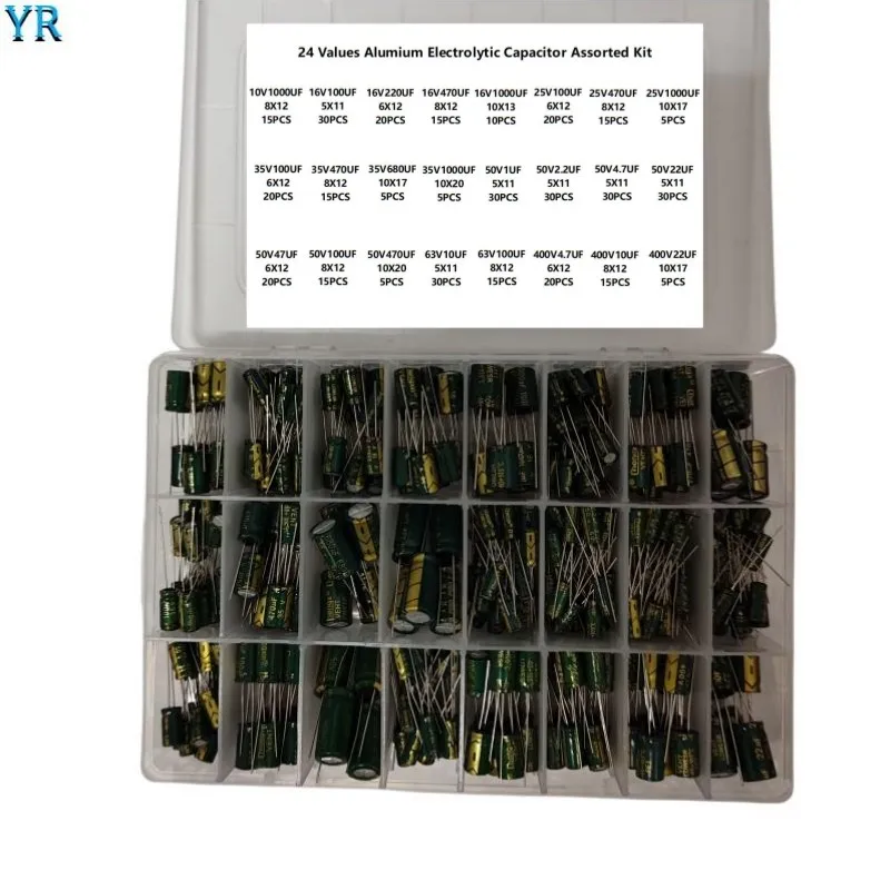 420Pcs 24Values Aluminum Electrolytic Capacitor Kit 10V~400V 1uF~1000uF Capacitors Box Assortment Kit