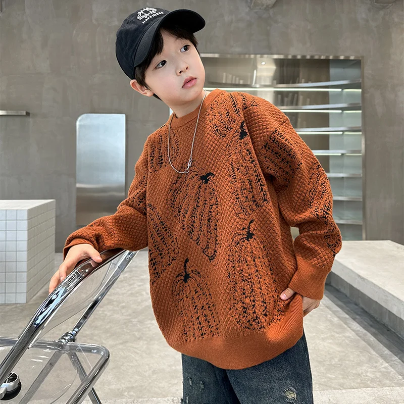 소년을위한 어린이 할로윈 호박 스웨터 멋진 니트 복장 의류 어린이 5-14T 청소년을위한 우아한 풀오버 니트웨어