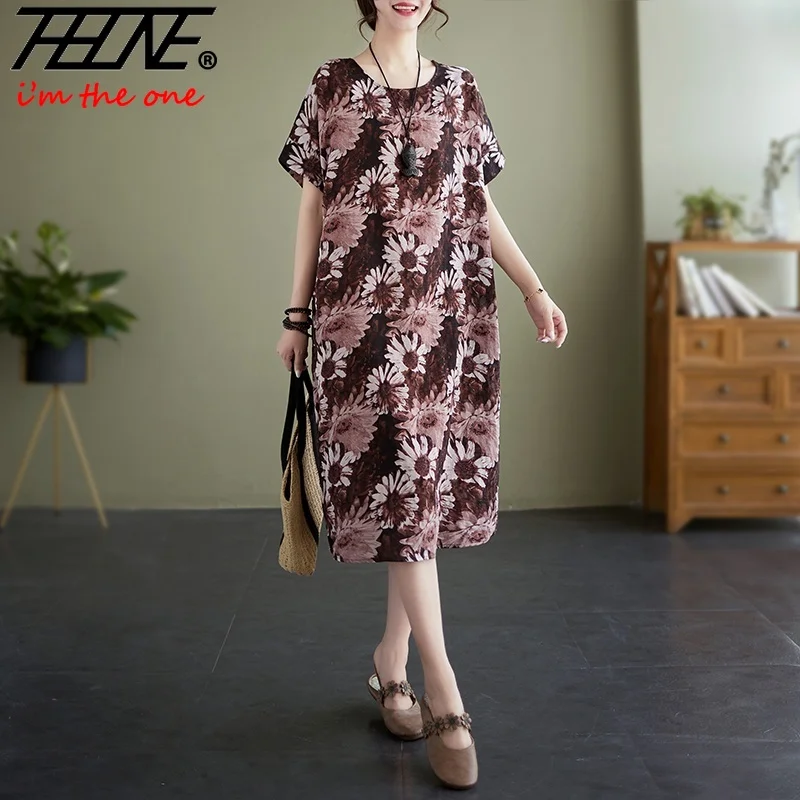 

Summer Dress Women Ropa De Mujer Midi Dresses Robe Vestido Feminino Cotton Linen Vintage Casual Print Plus Size Floral Loose