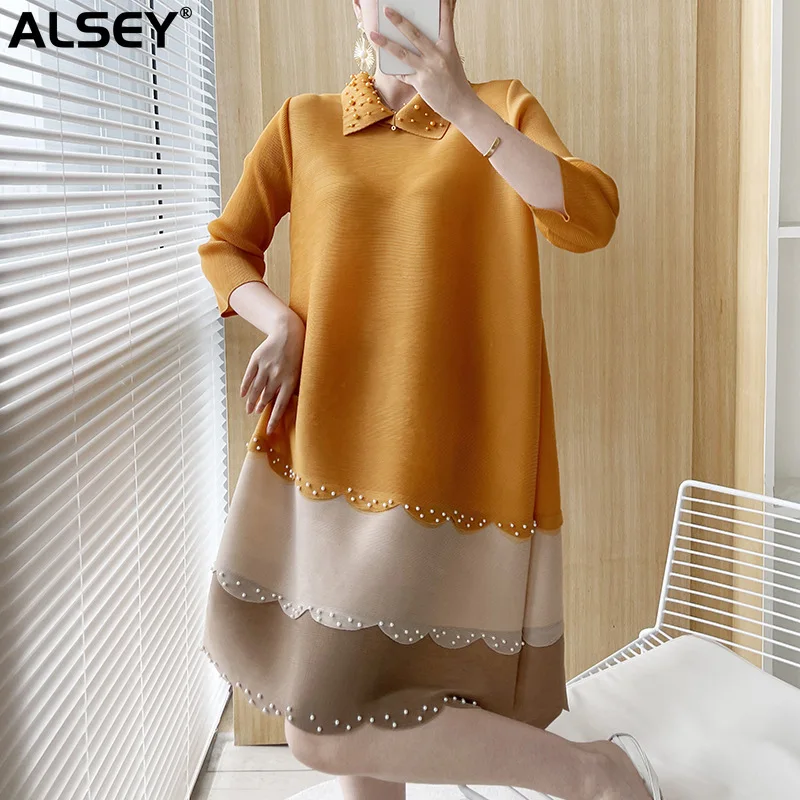 

ALSEY Miyake Pleated Beaded Dress Fall New Loose Retro High Waist Streetwear Casual Fashion Korean Style Seven Sleeve Skirt