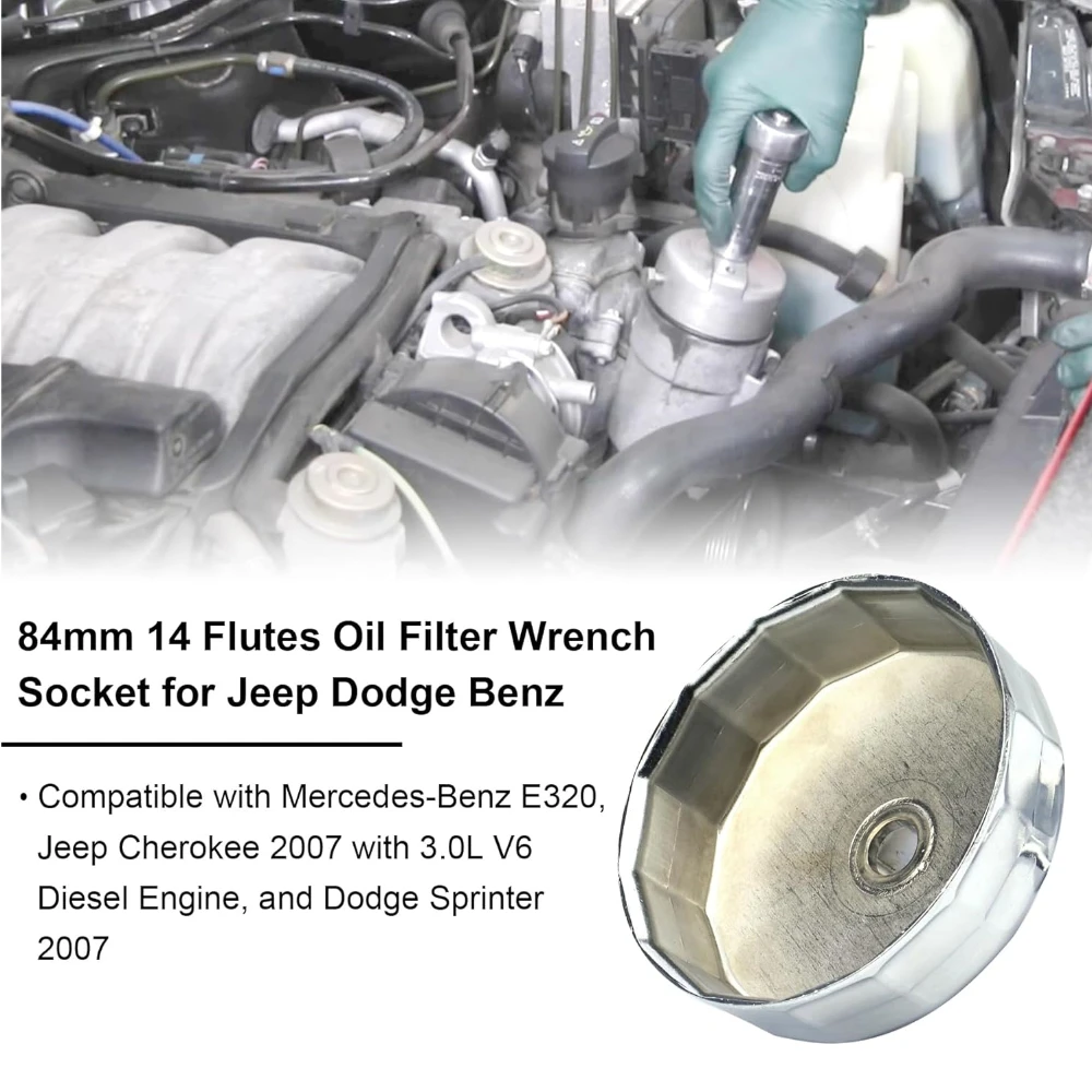 84mm 14Flutes Oil Filter Wrench Compatible with Mercedes Benz Jeep Dodge 3.0L Diesel Engines Oil Filter Socket Cap