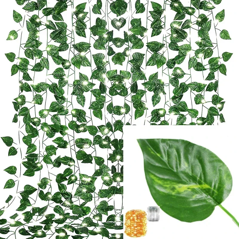 LAMXD Kunstklimop, 1 pak nepwijnstok, UV-bestendige nepplanten, groene bladeren, hangende klimopslinger voor bruiloft, feest, kamerdecoratie, kantoor, tuin, wanddecoratie