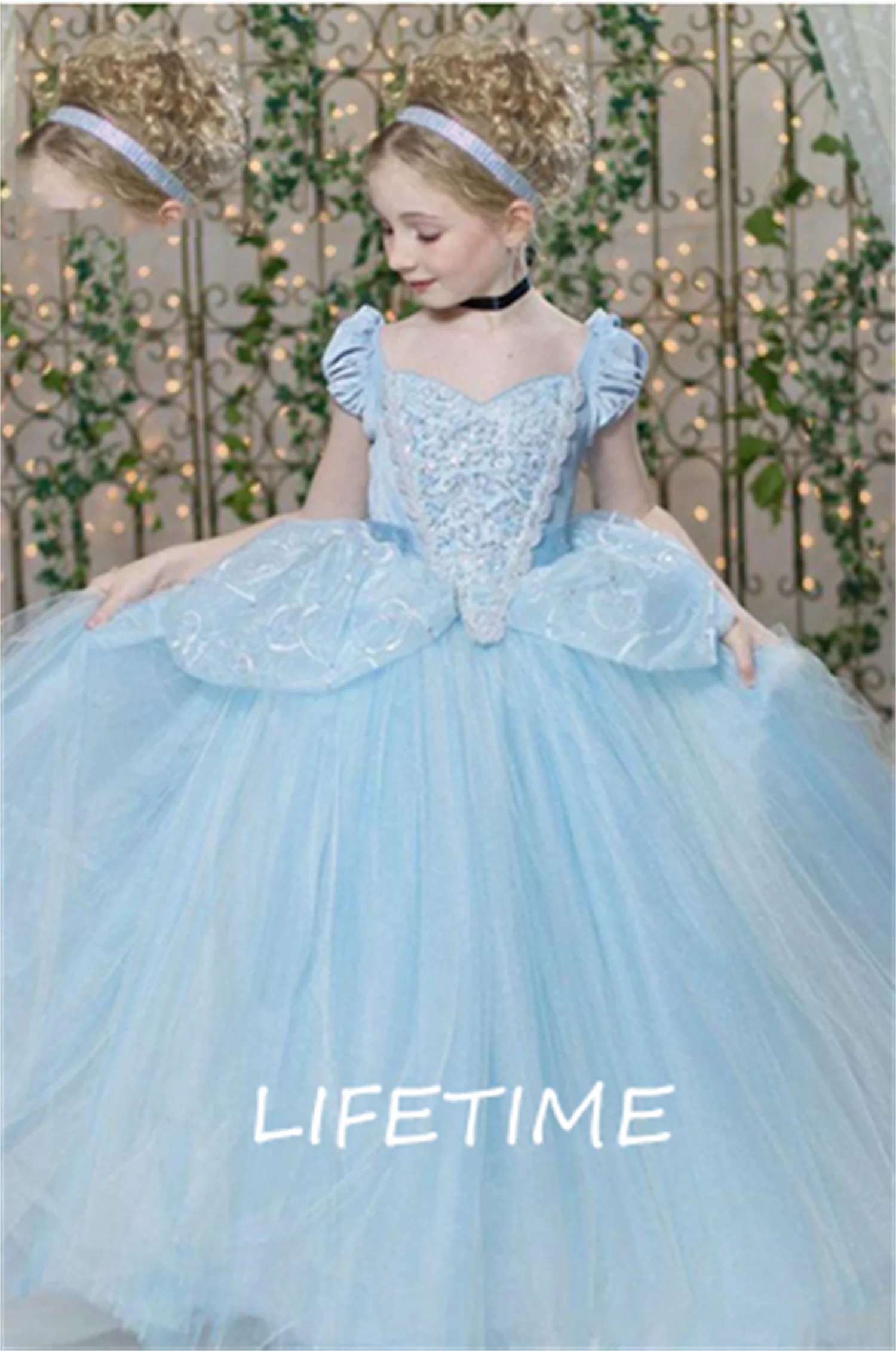 Cenerentola Pageant Dresses For Teens Short Cap Sleeve Pieghe Paillettes Sky Blue Kids Ball Gown Girl Birthday Prom Dress