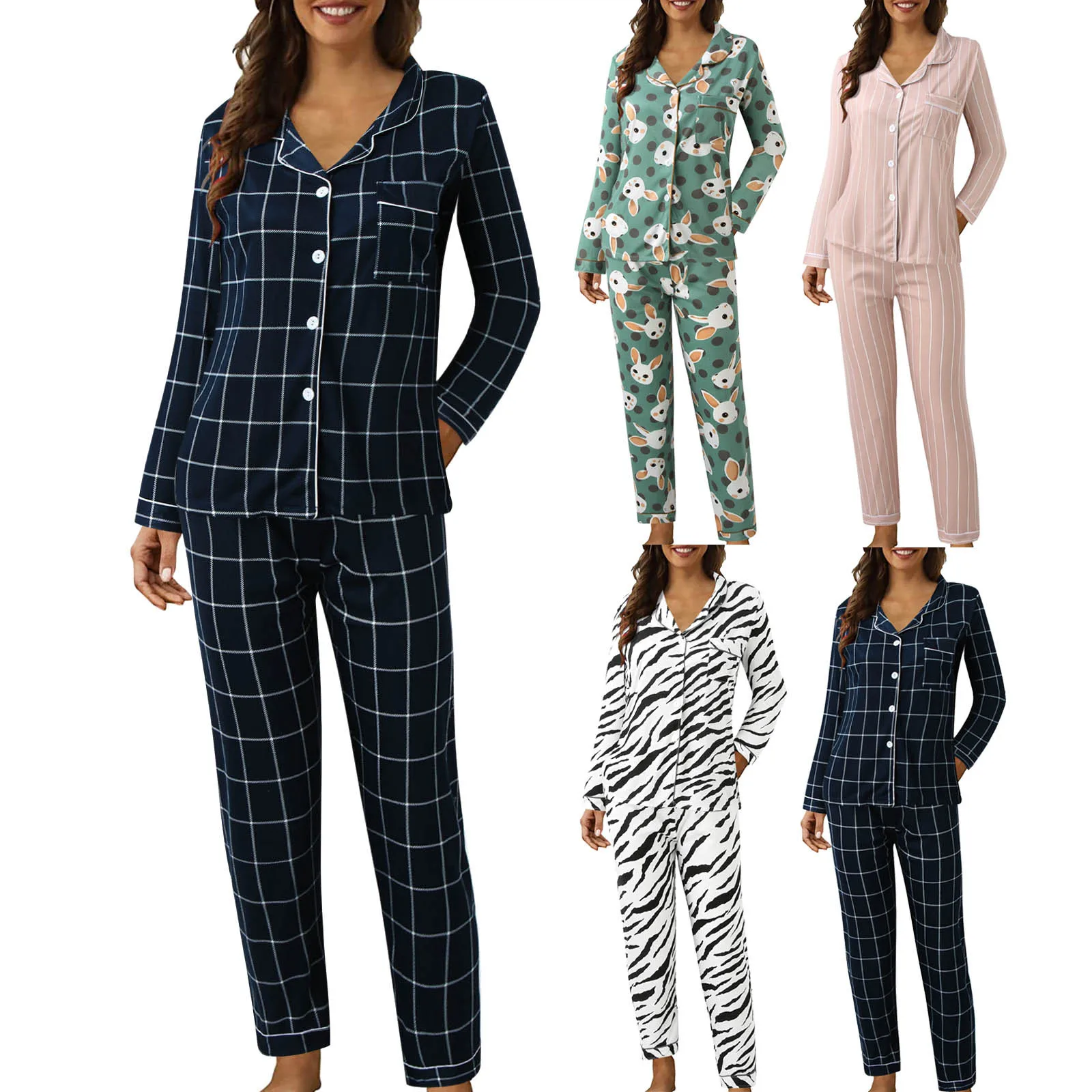 Two Piece Set Pajamas for Women Plaid Sleepwear Pyjamas Pjs Shorts Sets Summer Winter Long Sleeve Loungewear Home Clothes women sleepwear pajamas sets o neck short sleeve tops striped shorts two piece pajamas set ladies casual summer home nightwear