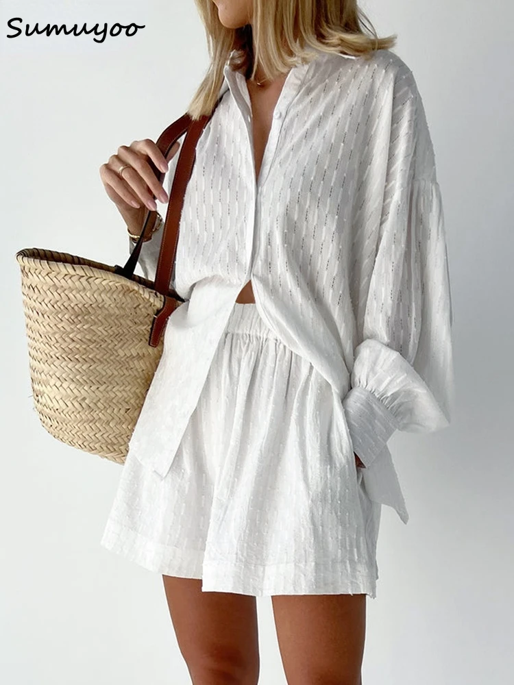 

Sumuyoo Summer White Elegant Jacquard Fabric Soft Vacation Suits Women Long Sleeves Shirts And Hot Pants Two Pieces Outfits