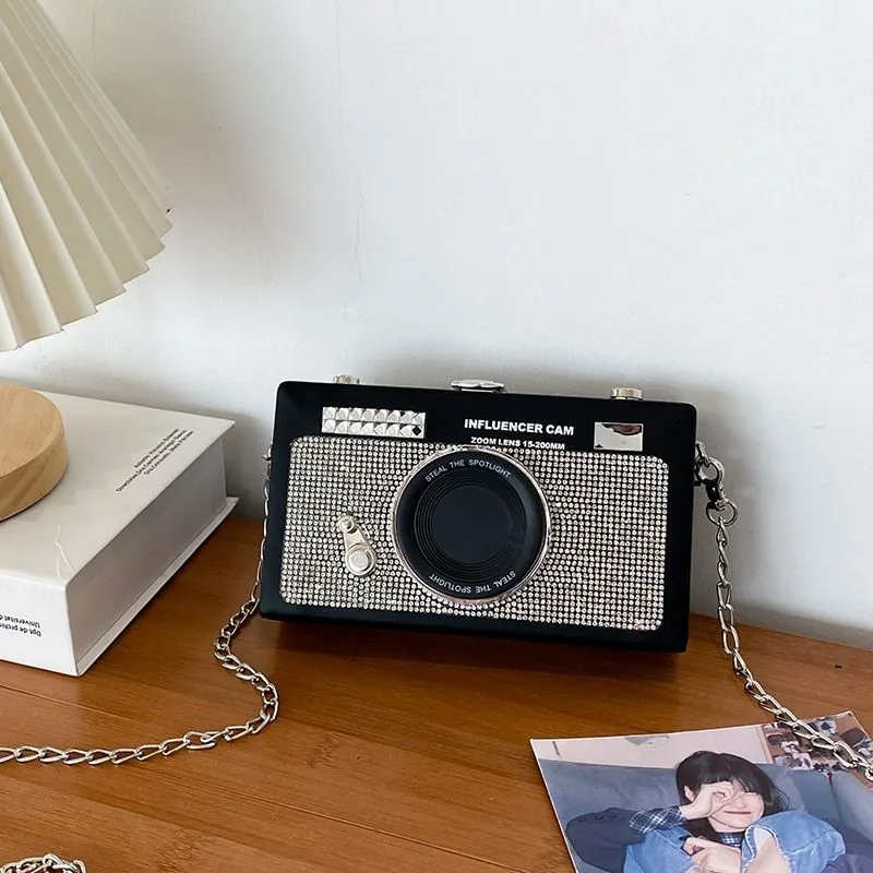 Korean Faux Camera Shape Shoulder Bag Women Chain Rhinestone Box Crossbody Bag Ladies Fashion Unique Design Small Square Bag New