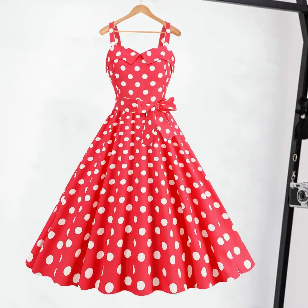 

Vintage Backless Dress 1950s Movie Style Dress Retro A-line Swing Dot Print Contrast Color Elastic Bust High Waist Backless