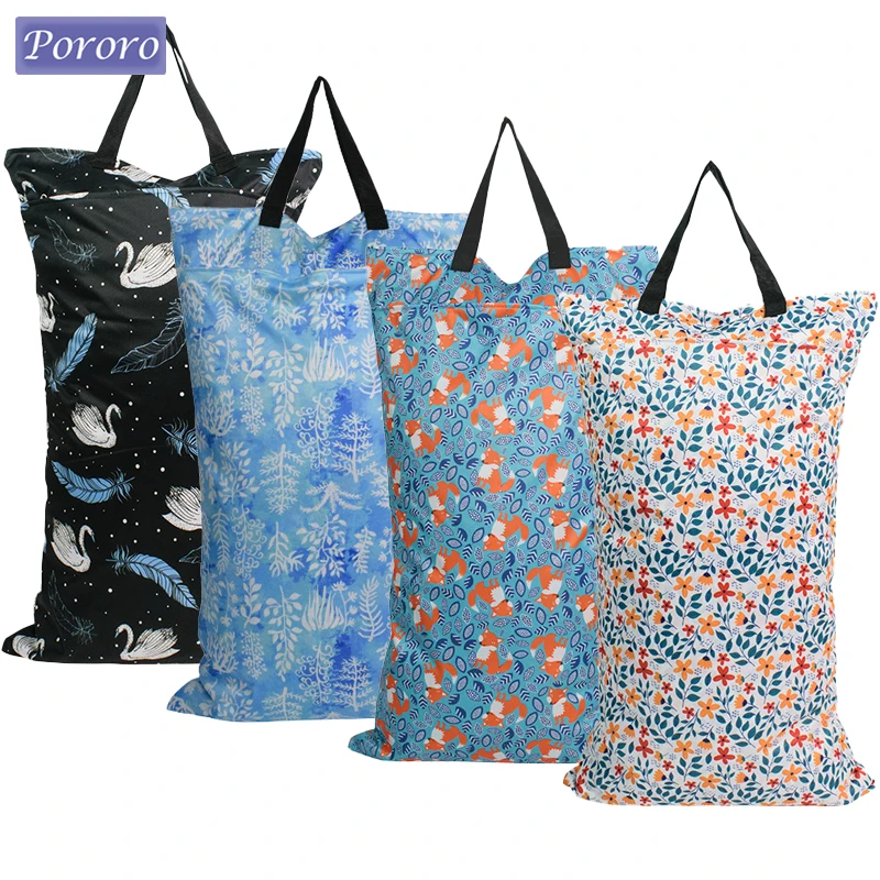 40*70cm Large Hanging Wet Dry Pail Bag Two Zippered Waterproof Wet Clothing Bag Laundry Diaper Nappy Bags Prints Portable Pouch