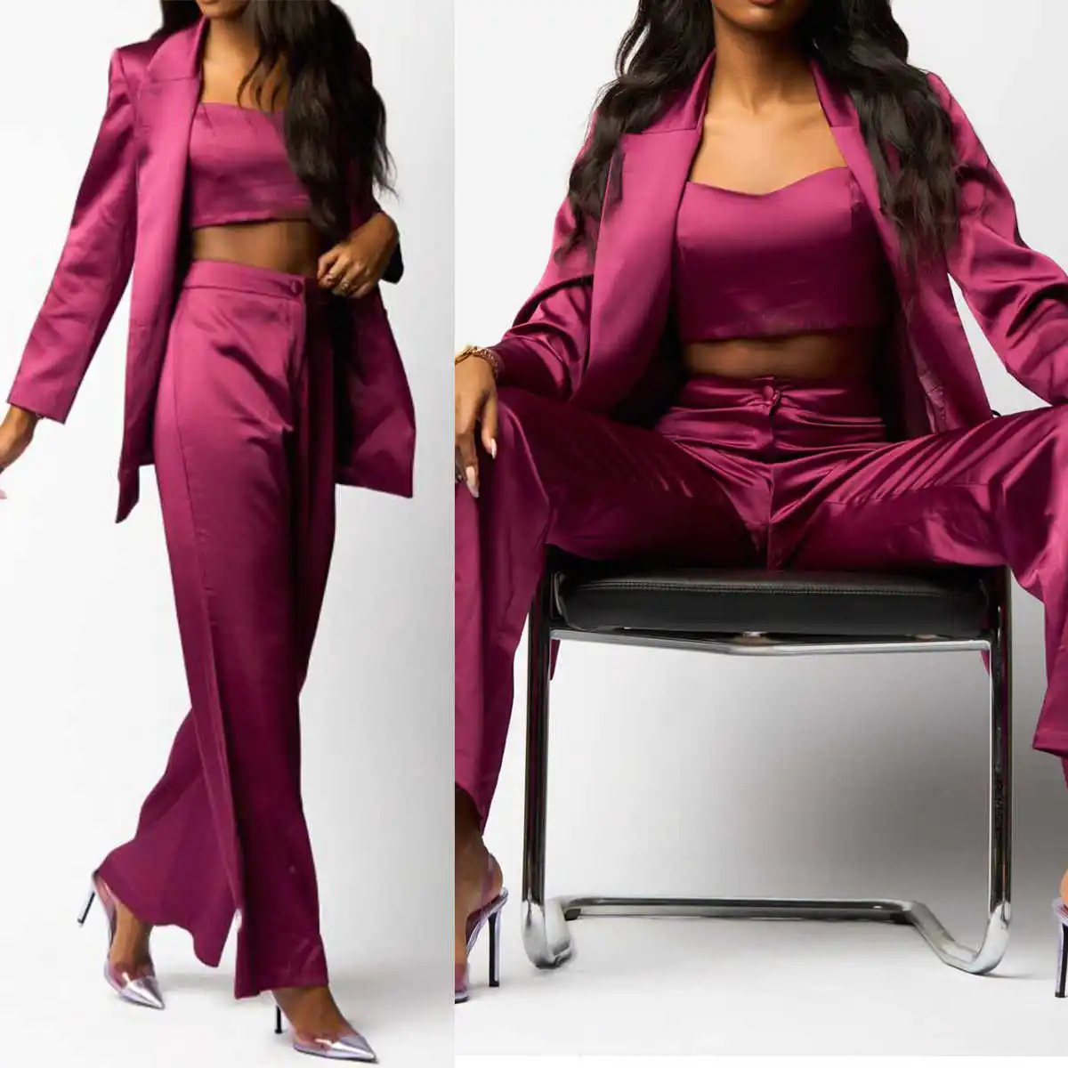 

Women Photography Pants Suits Loose Ladies Party Tuxedos For Graduation Gowns Wedding 3 Pieces With Top