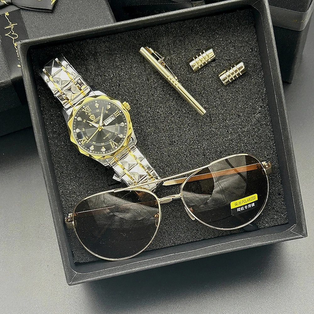 4PCS Fashion Business Watch Men Warterproof Sport Mens Watch Luxury Clock Male Quartz Wristwatch With Sunglasses+Tie clips+Box