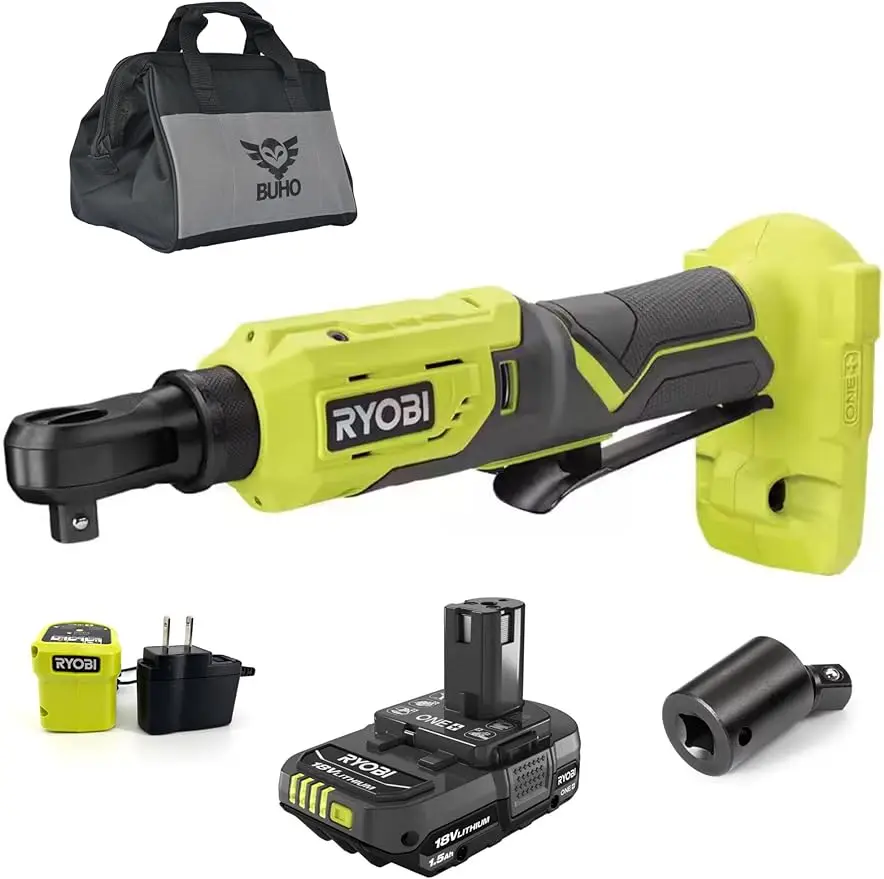 Buho Cordless Power Ratchet Accessory Bundle - Ryobi 18V Cordless 3/8 inch 4-Postion Ratchet Wrench 18V Charger 1.5 Ah Battery multifunctional 12 0v cordless rechargeable electric wrench 3 8 inch 90° right angle ratchet wrenches 1pc battery