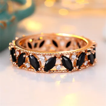 Marquise Stone Vintage Black Crystal Rings For Women Retro Rose Gold Color Engagement Ring Wedding Jewelry Bridal Birthday Gifts