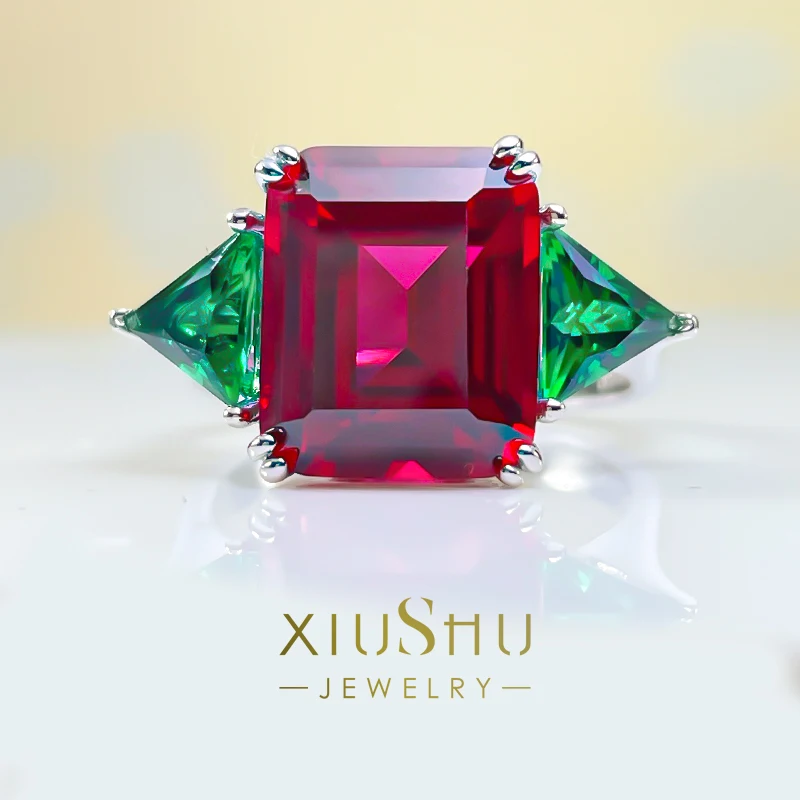 

Fashionable Contrast Color Three Stone 925 Silver Pigeon Blood Red Ring High Carbon Diamond Versatile Style Popular