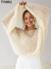 TYHRU Women's Knitted Sweaters Lady Hollow out Mesh Thin Pullover See Through Look Lantern Sleeve Loose Tops Smock 6
