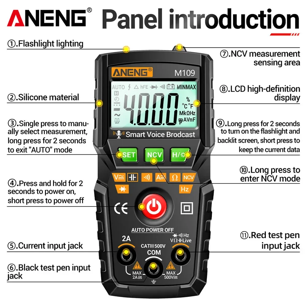 ANENG M109 Digital Multimeter Voice Broadcast 4000 Counts True Rms Auto Multimetro Profesional AC/DC Electrical Instruments Te digital multimeter
