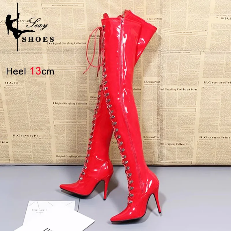 Pointed Toe Boots Women Winter Plush Warm Shoes Black Zipper Lace Up Sexy Model High Heels 2023 New Night Club Lady Thigh Boots