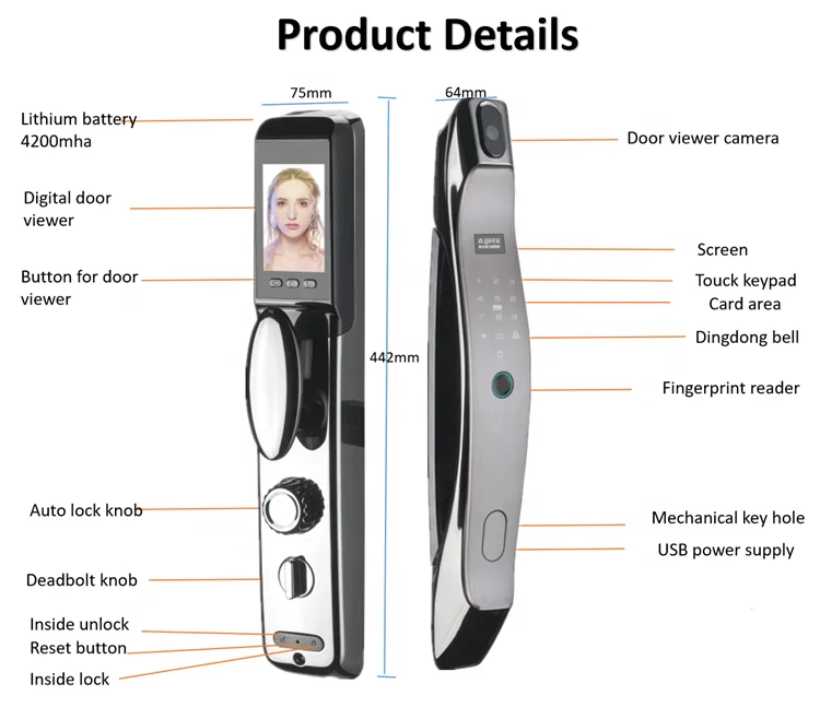Tuya wifi password key card smart door lock finger print with camera