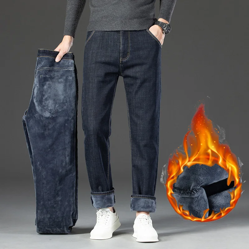 28-40 حجم كبير الشتاء الرجال أفخم سميكة الصوف بنطلون امبسوول الجينز الحراري سراويل تقليدية يندبروف الدافئة القطن الدنيم السراويل