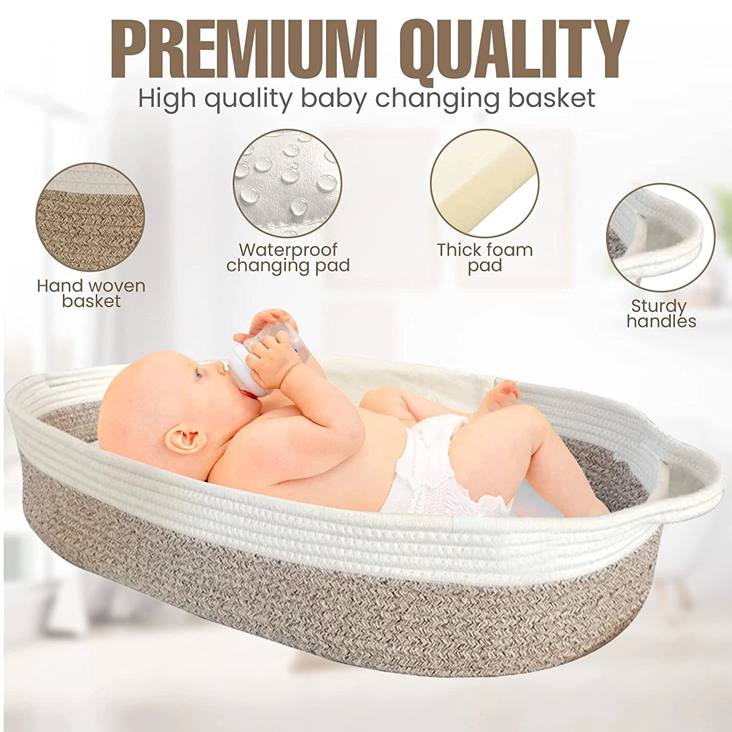 Handmade Soft Waterproof Foam Pad Cover Cotton Rope Baby Diaper Changing Table Basket Baby Carrying Basket