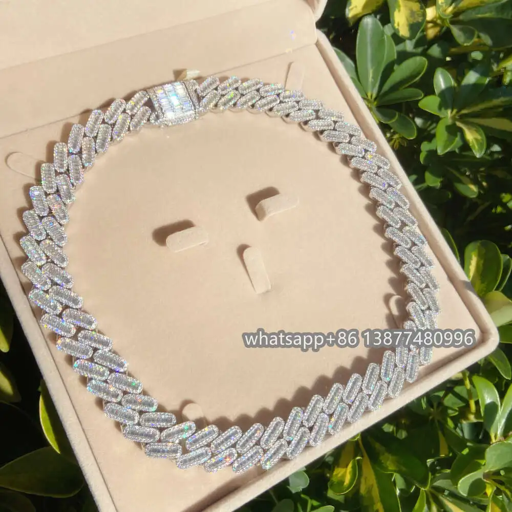 

New Arrivals Miami Cuban Link Chain Silver 925 Fashion Iced Out Vvs Baguette Moissanite Diamond Necklace