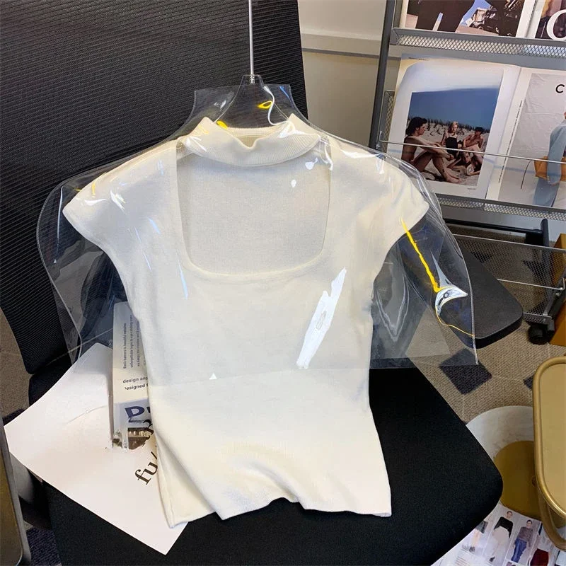 

2023 Summer New Fashion Unique Sweater Y2k Square Collar Clavicle-exposed Sexy Pull Femme Solid Color Chic Slim Knit Jumpers