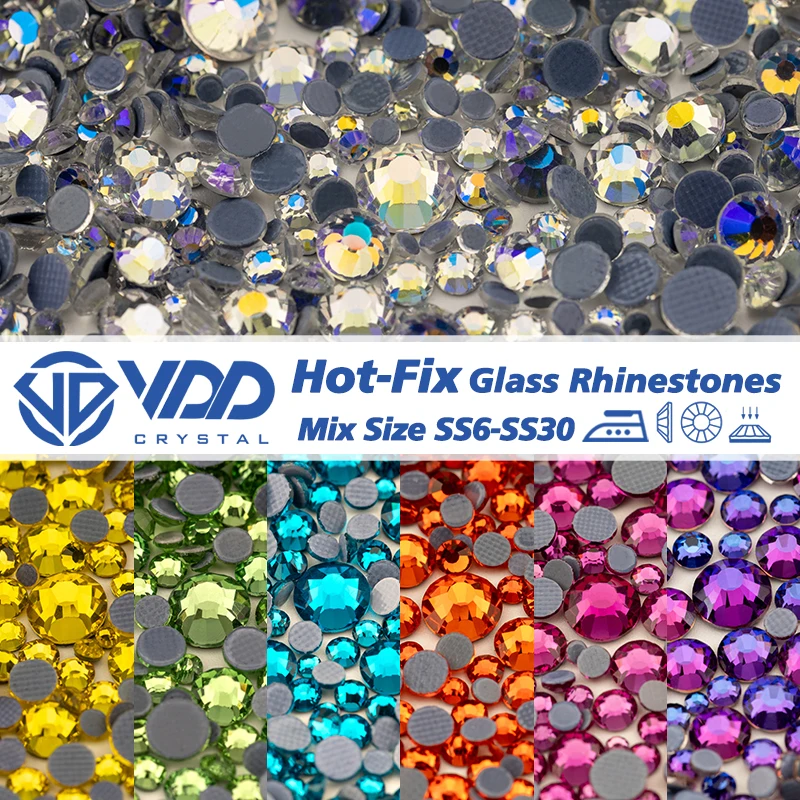 VDD Großhandel SS6-SS30 Hotfix Mix Größe Glas Strass Kristall Flache Rückseite Hohe Qualität Strass Steine Für DIY Kleidung Zubehör