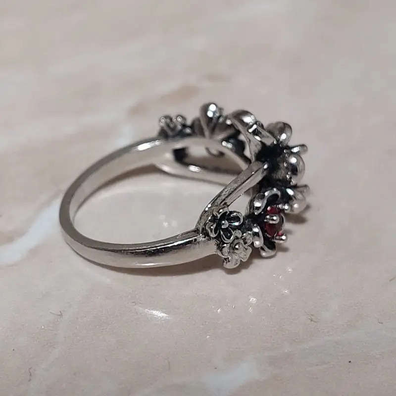 Vintage Bohemian Flower Red Crystal Women Silver Ring Wedding Engagement Gift