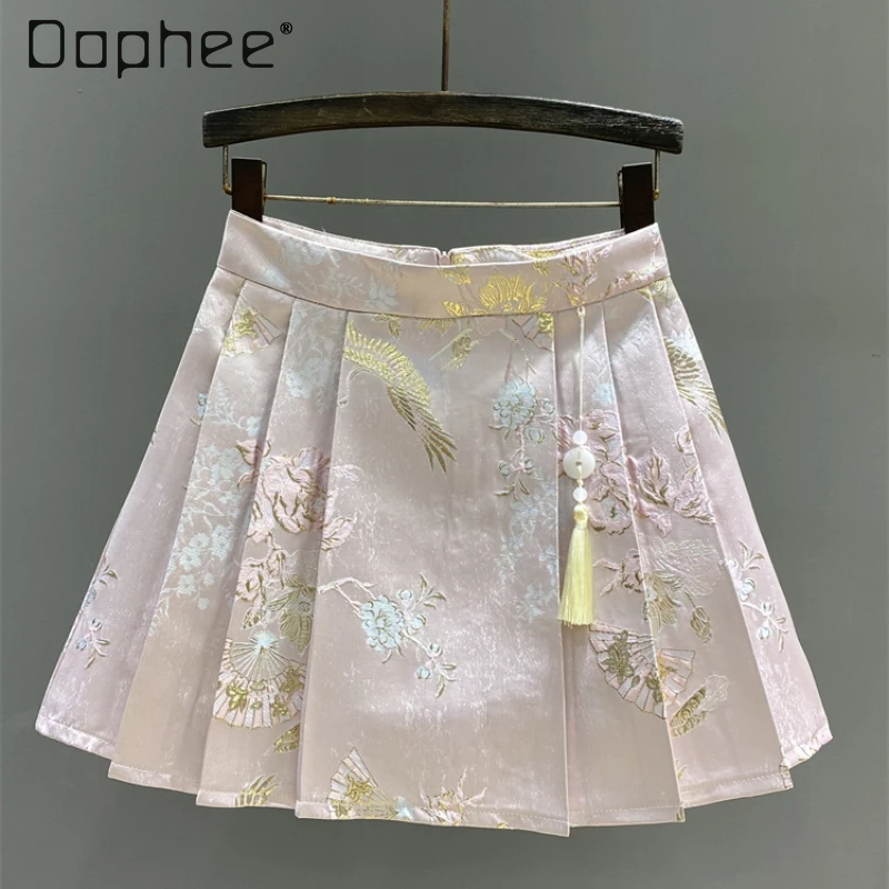 Chinese Style Satin Embroidered Ruched Short Skirt 2024 New Vintage Women's Summer High Waist Slimming A- Line Pleated Skirts женщины высокая waist ruched бикини дни днавие купальник бритвы брюки