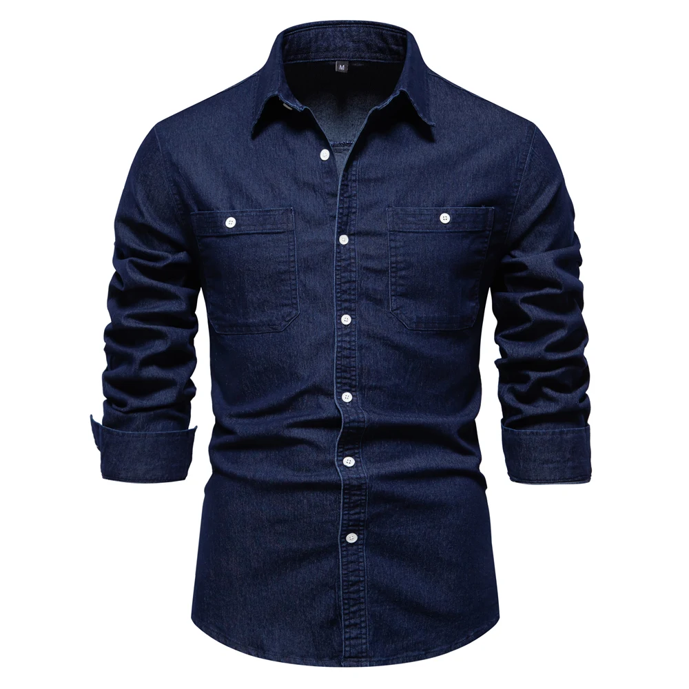 AIOPESON Denim Shirt Cotton Elastic Casual Social Design Double Pockets Slim Jeans Shirts for Men