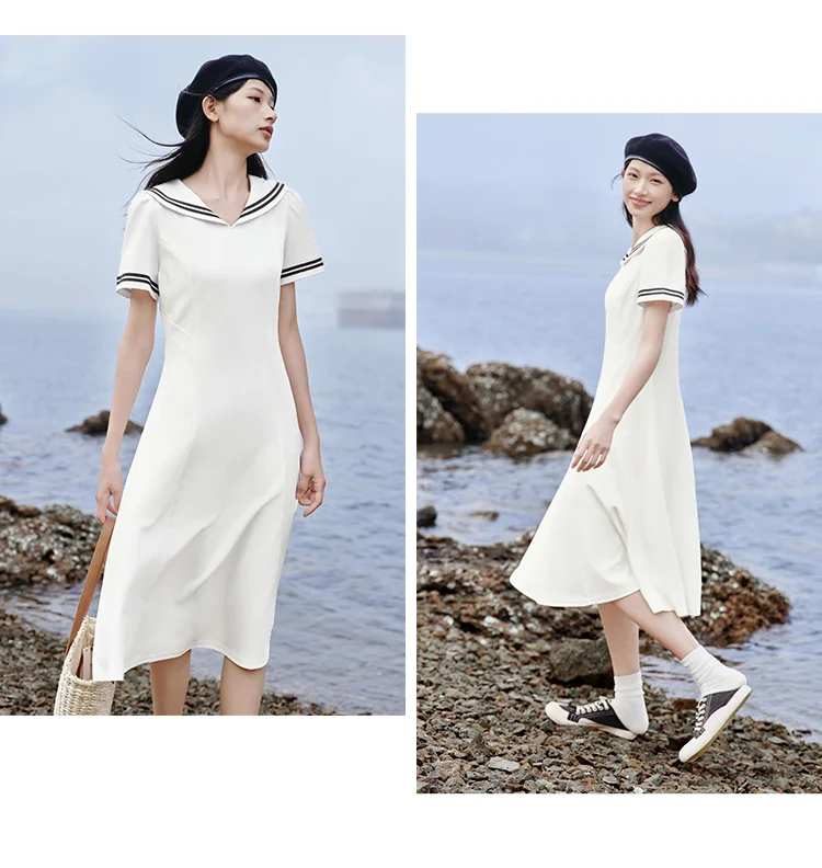 Dress Women Navy Collar With A Collegiate And Artistic Style Summer New White Moonlight Waist-Cinched Long Dress