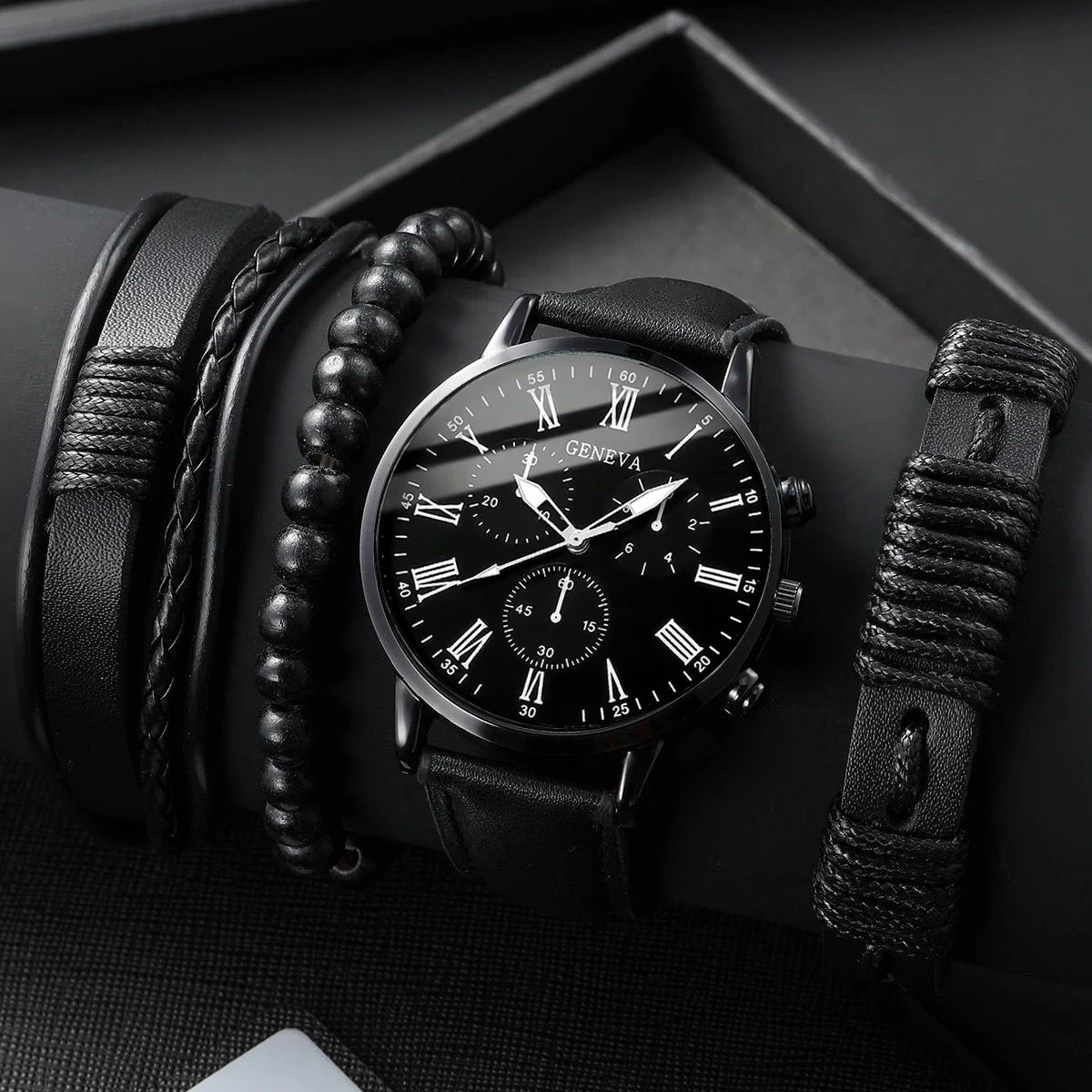 4PCS/Set Fashion Men's Business Watches Casual Leather Strap Quartz Wristwatches Vintage Bracelets Set Reloj Hombre（Without Box）