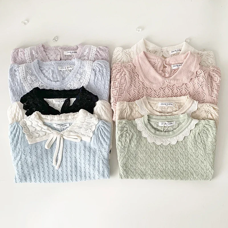 

Baby Girls Knitted Sweaters Summer Thin Princess Short Sleeve Korean Style Toddlers Children Pullovers Tops Hollow Sweater 1-5Y